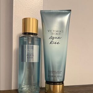 Victoria's Secret Aqua Kiss Fragrance Mist and Lotion - Blue and Gold